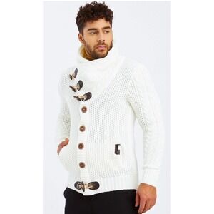LCR Black Edition Cream Chunky Waffle Knit Toggle Button Shawl Cardigan Sweater